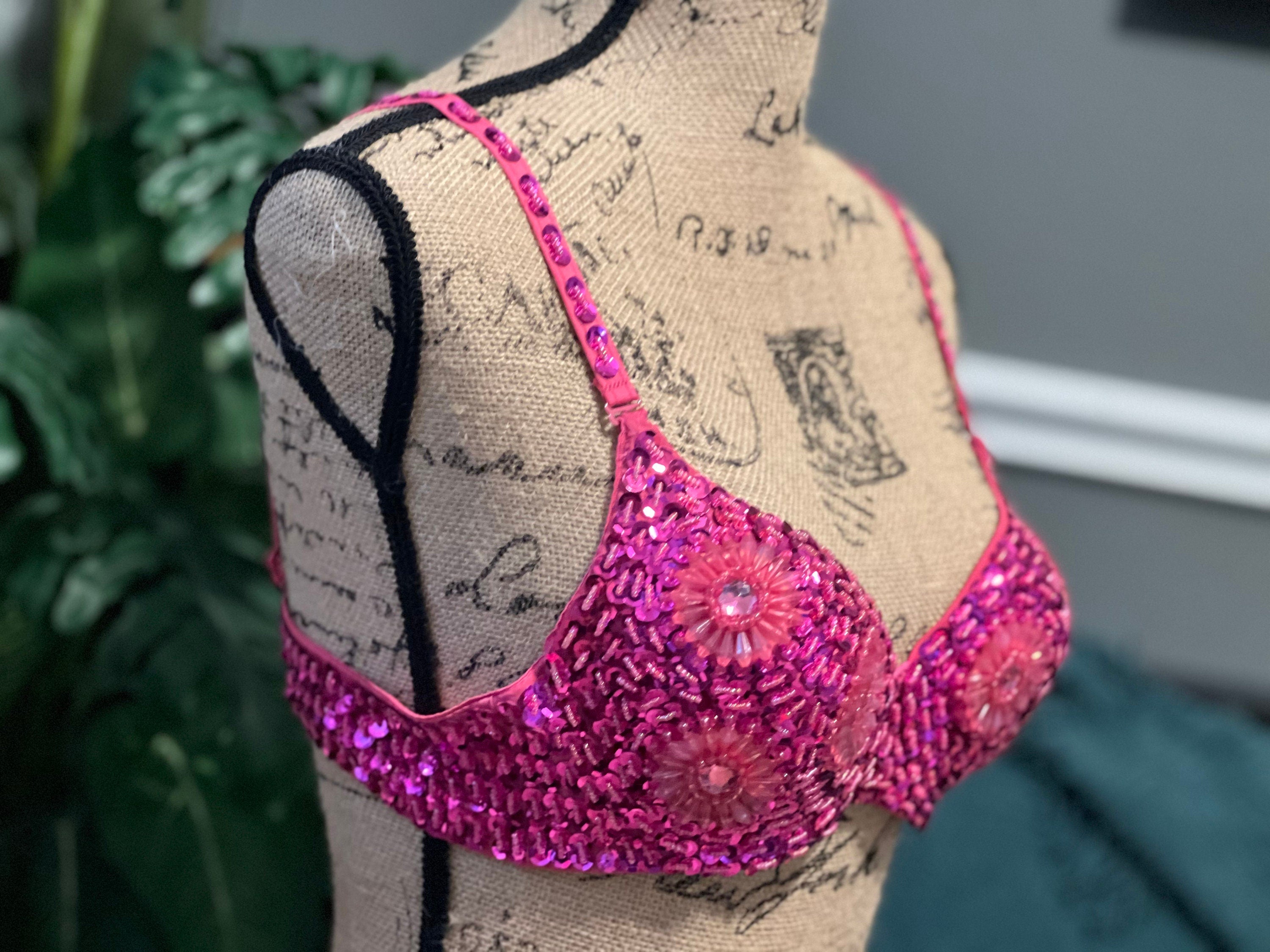 Beautiful Handmade Floral Beads Bling Pink Belly Dance Sequined Bra Top, Women's Tassel Sequin Halter Salsa Belly Dance Costume