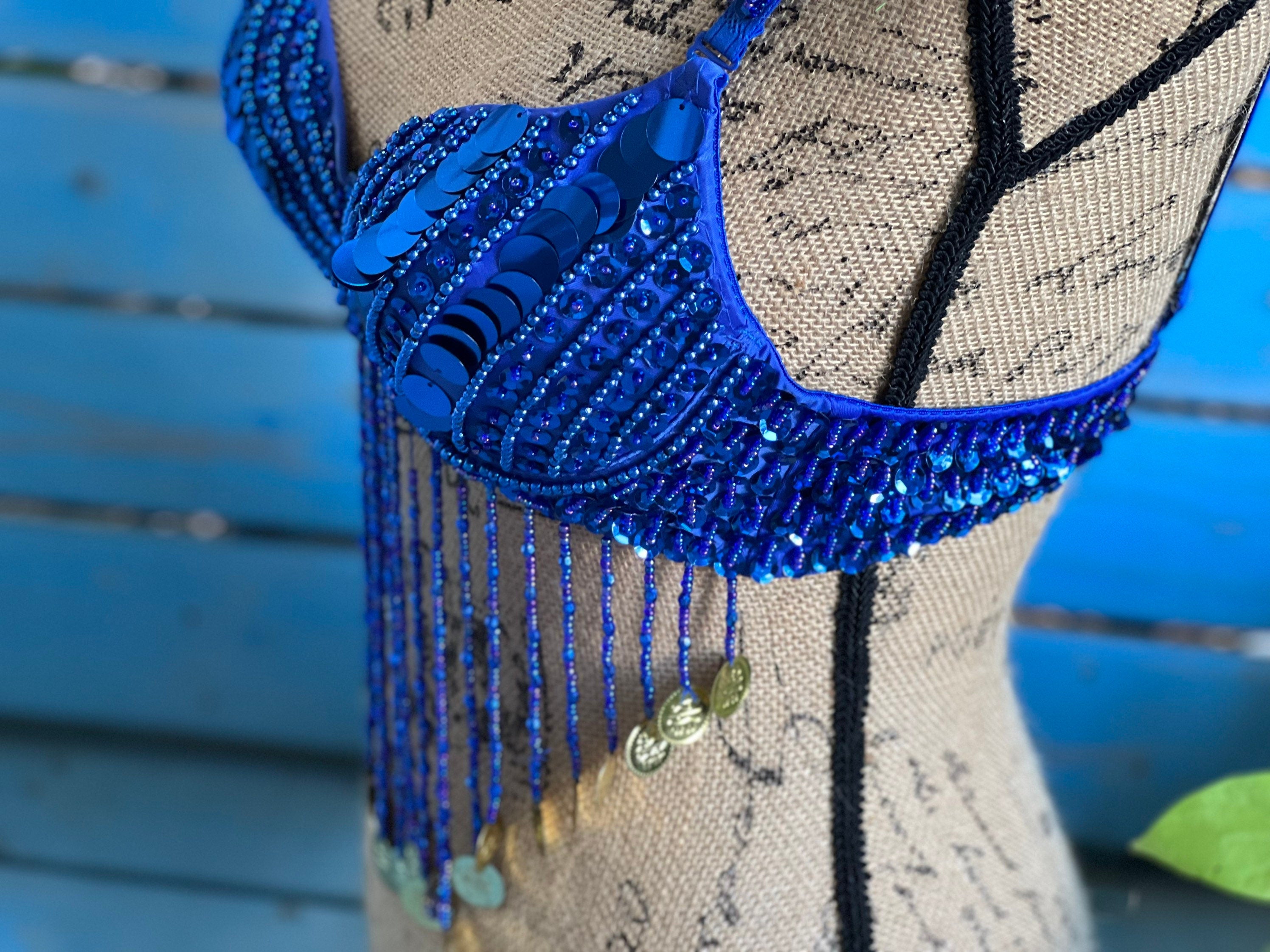 Beautiful Handmade Bling Tassel Royal Blue Belly Dance Sequined Bra Top, Women's Tassel Sequin Halter Salsa Belly Dance Costume