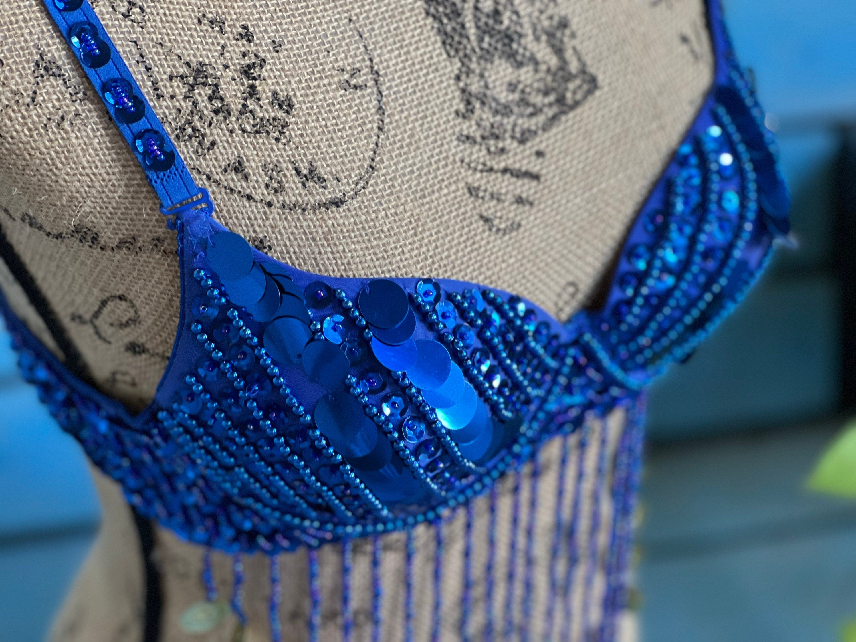 Beautiful Handmade Bling Tassel Royal Blue Belly Dance Sequined Bra Top, Women's Tassel Sequin Halter Salsa Belly Dance Costume