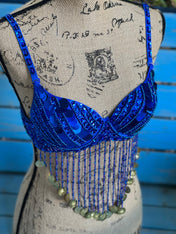 Beautiful Handmade Bling Tassel Royal Blue Belly Dance Sequined Bra Top, Women's Tassel Sequin Halter Salsa Belly Dance Costume