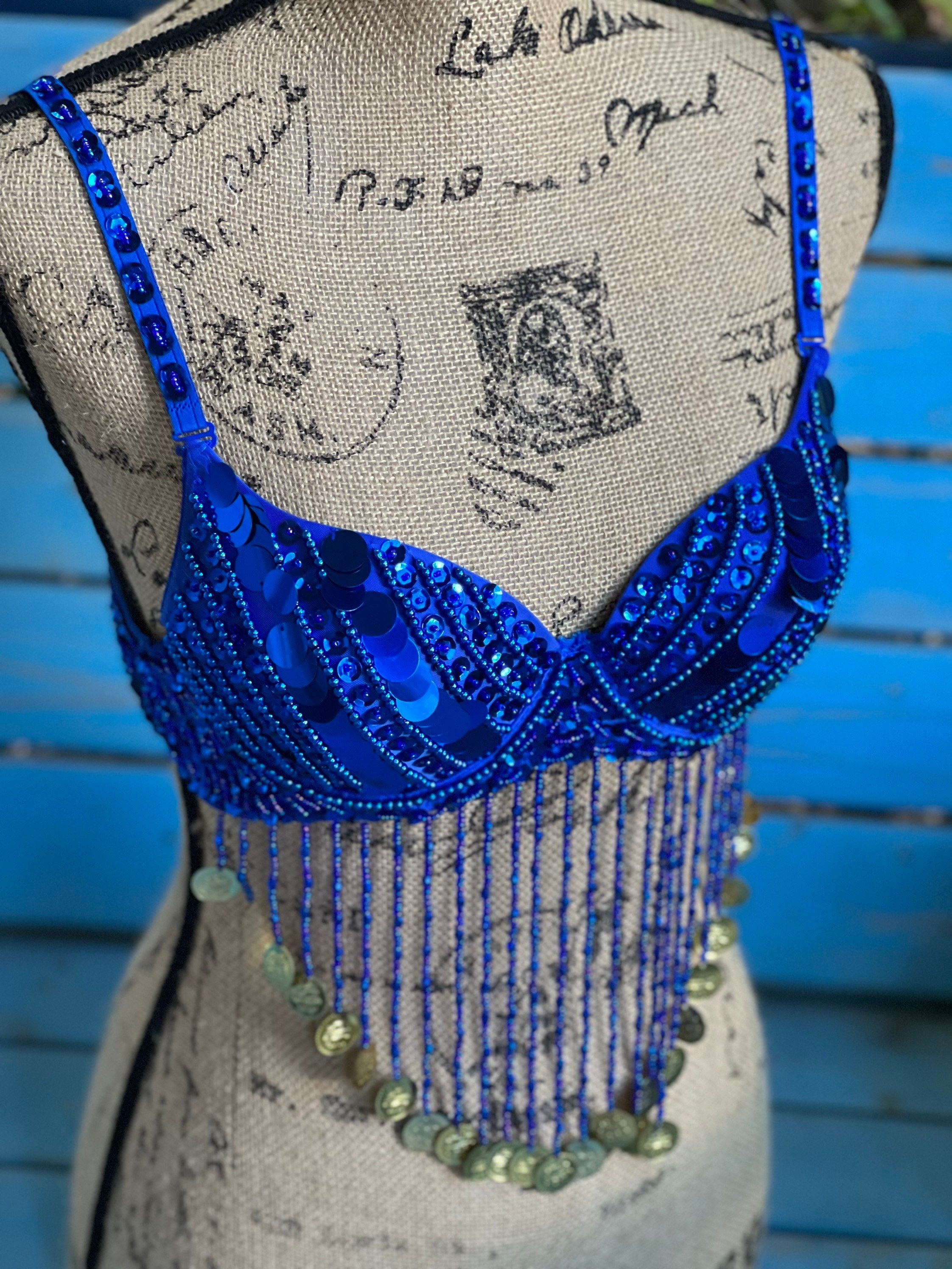 Beautiful Handmade Bling Tassel Royal Blue Belly Dance Sequined Bra Top, Women's Tassel Sequin Halter Salsa Belly Dance Costume