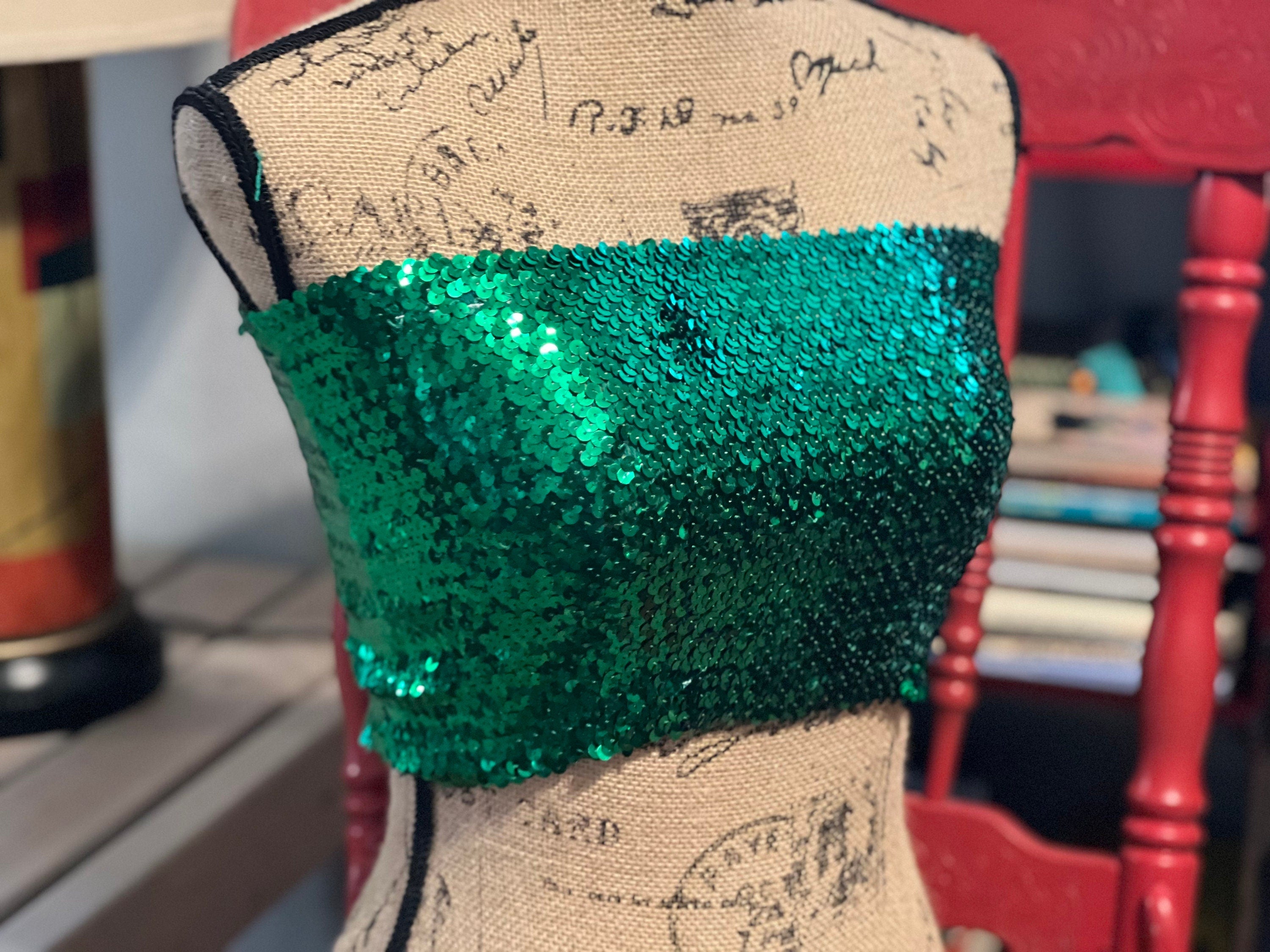 GREEN SEQUIN Bandeau top, Strapless Bra Top, Shiny Sequin Party Cropped Strapless Bandeau Stretch Tube Top. More colors available