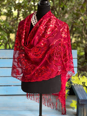 Charming Sparkle Burgundy Vintage Roses Sequin Mesh Scarf,  Mesh Sequin Wedding Cape Fringed Evening Shawl, Bling Elegant Wrap