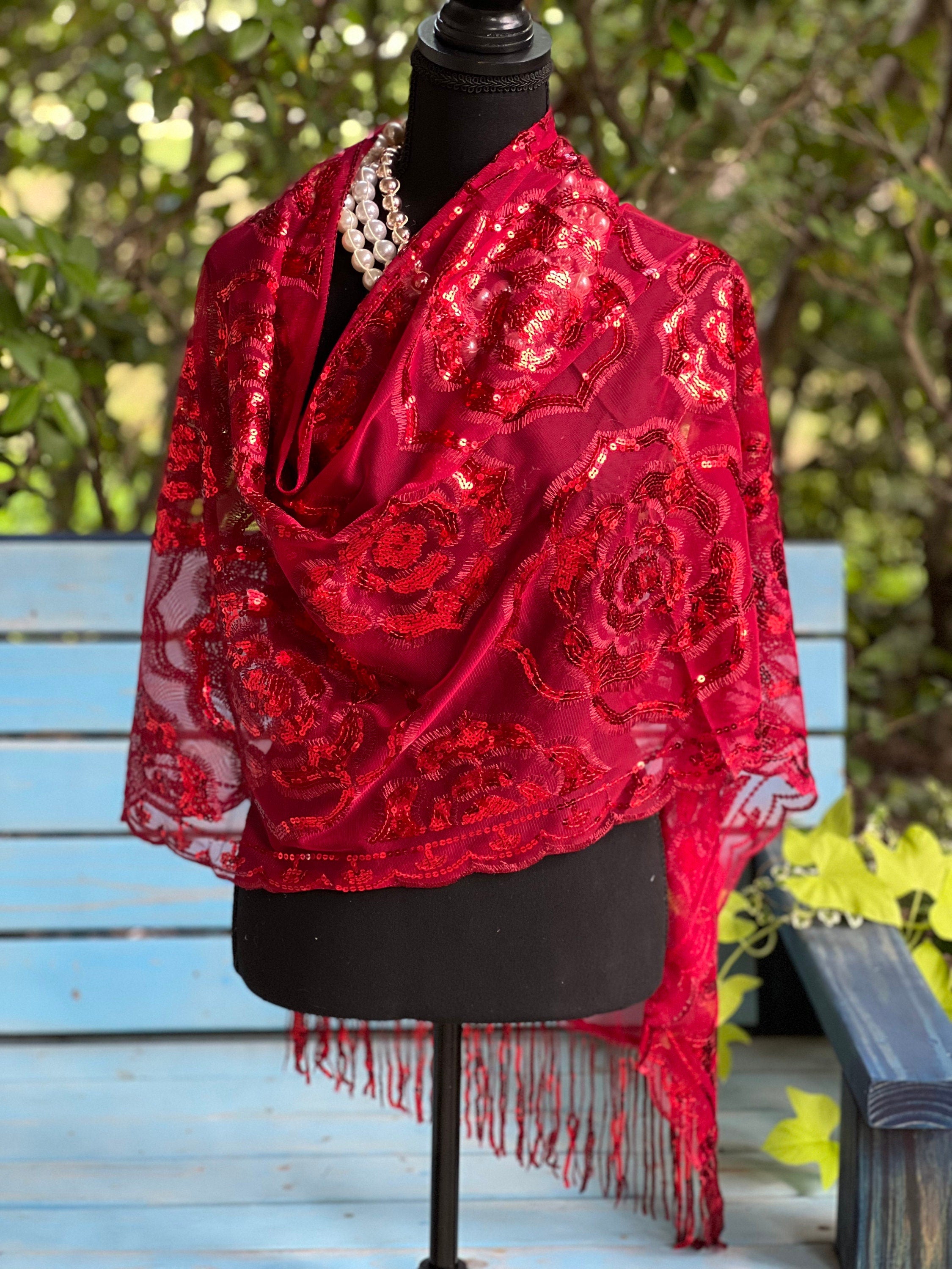 Charming Sparkle Burgundy Vintage Roses Sequin Mesh Scarf,  Mesh Sequin Wedding Cape Fringed Evening Shawl, Bling Elegant Wrap