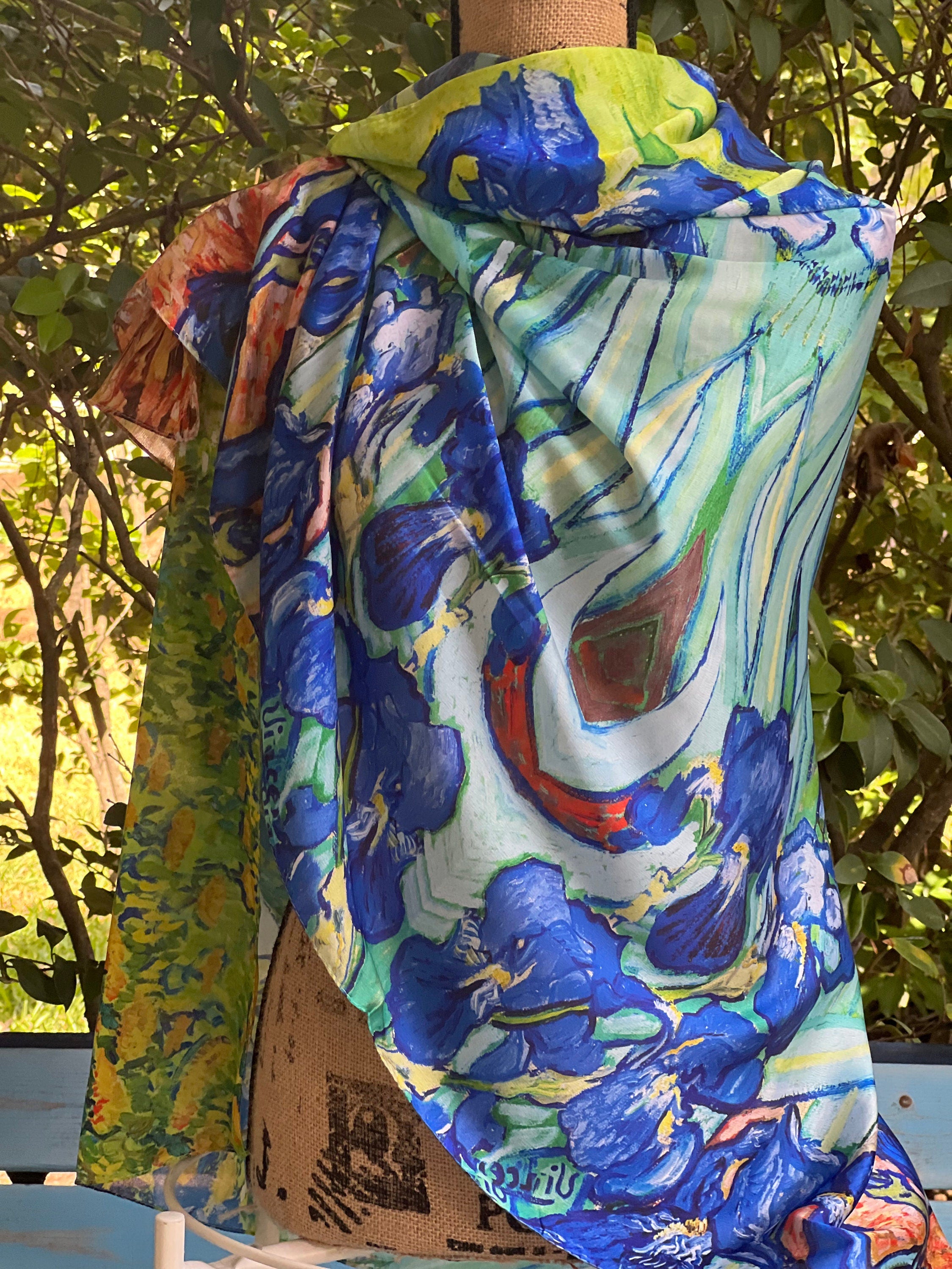 Irises Masterpiece Classic Artwork 35" x 72" Shawl: Versatile Neck Scarf, Head Scarf, Summer Scarf, Beach Coverup, and Unique Gift Scarf