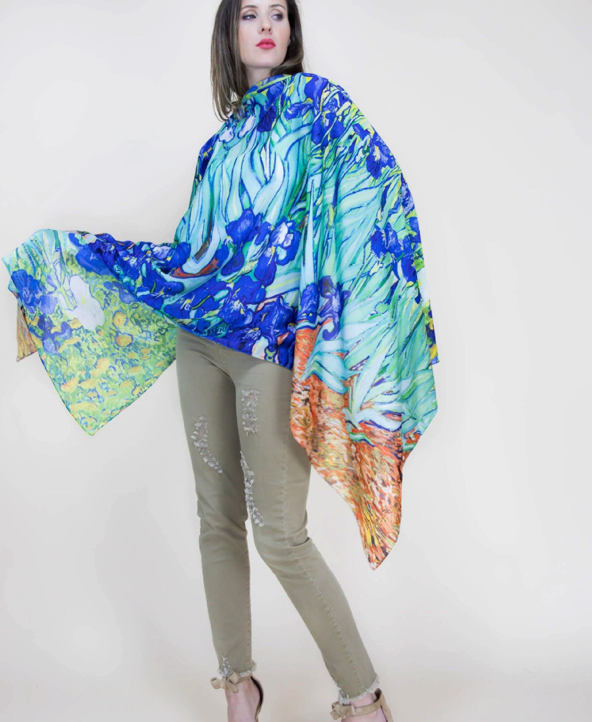 Irises Masterpiece Classic Artwork 35" x 72" Shawl: Versatile Neck Scarf, Head Scarf, Summer Scarf, Beach Coverup, and Unique Gift Scarf