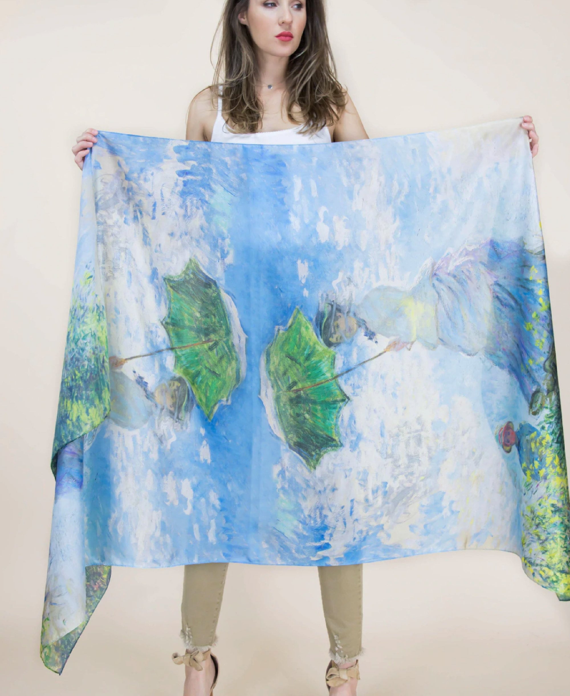 Woman with a Parasol – Madame Monet and Her Son By Monet scarf, 35" x72" shawl and wrap. Claude Monet art scarf Beach coverup shawl