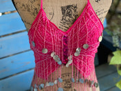 Beautiful Handmade Bling Tassel Pink Belly Dance Sequined Bra Top, Butterfly shape top, Tassel Sequin Halter Salsa Belly Dance Costume