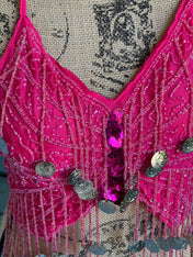 Beautiful Handmade Bling Tassel Pink Belly Dance Sequined Bra Top, Butterfly shape top, Tassel Sequin Halter Salsa Belly Dance Costume