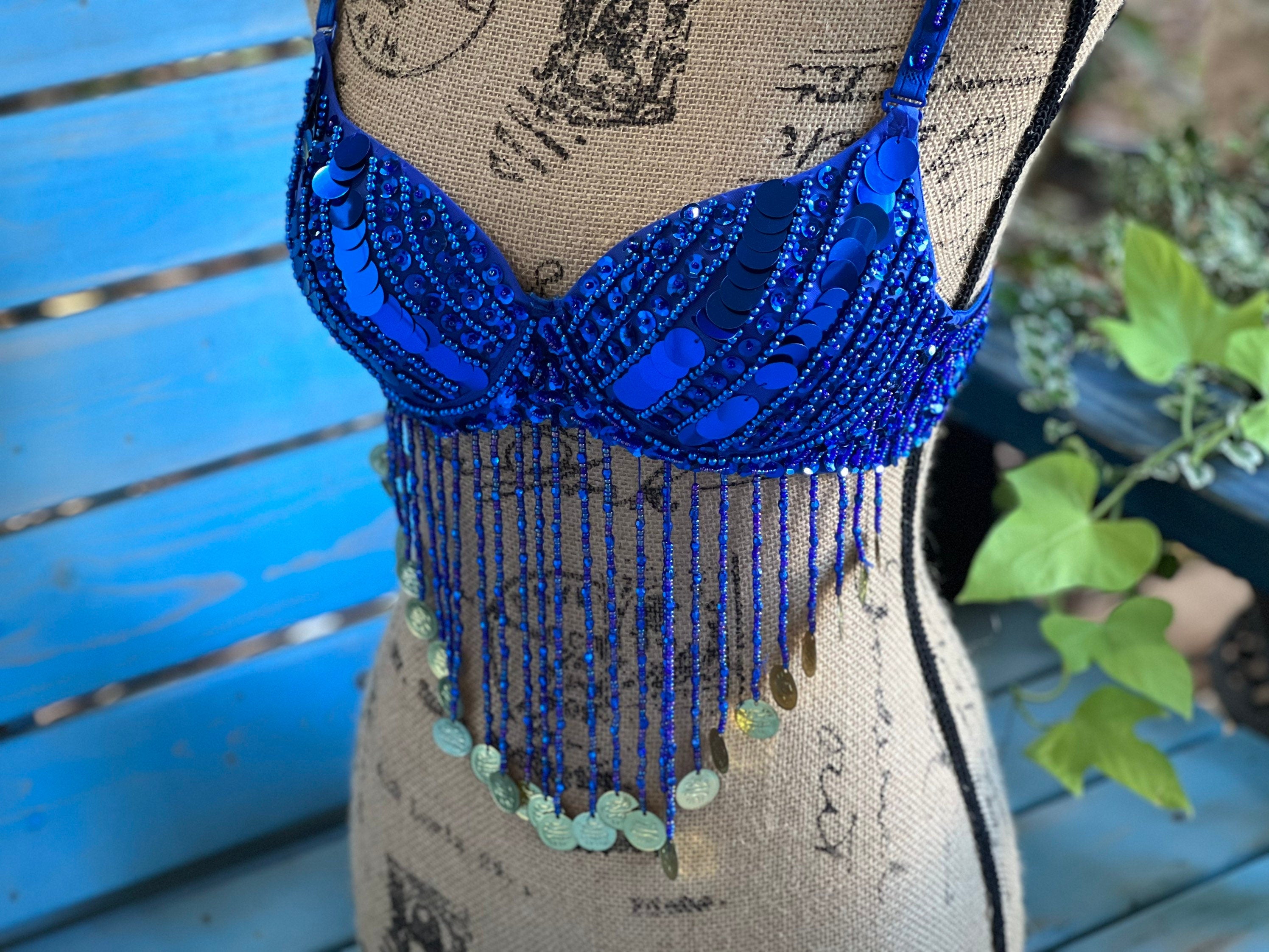 Beautiful Handmade Bling Tassel Royal Blue Belly Dance Sequined Bra Top, Women's Tassel Sequin Halter Salsa Belly Dance Costume