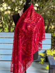 Charming Sparkle Burgundy Vintage Roses Sequin Mesh Scarf,  Mesh Sequin Wedding Cape Fringed Evening Shawl, Bling Elegant Wrap