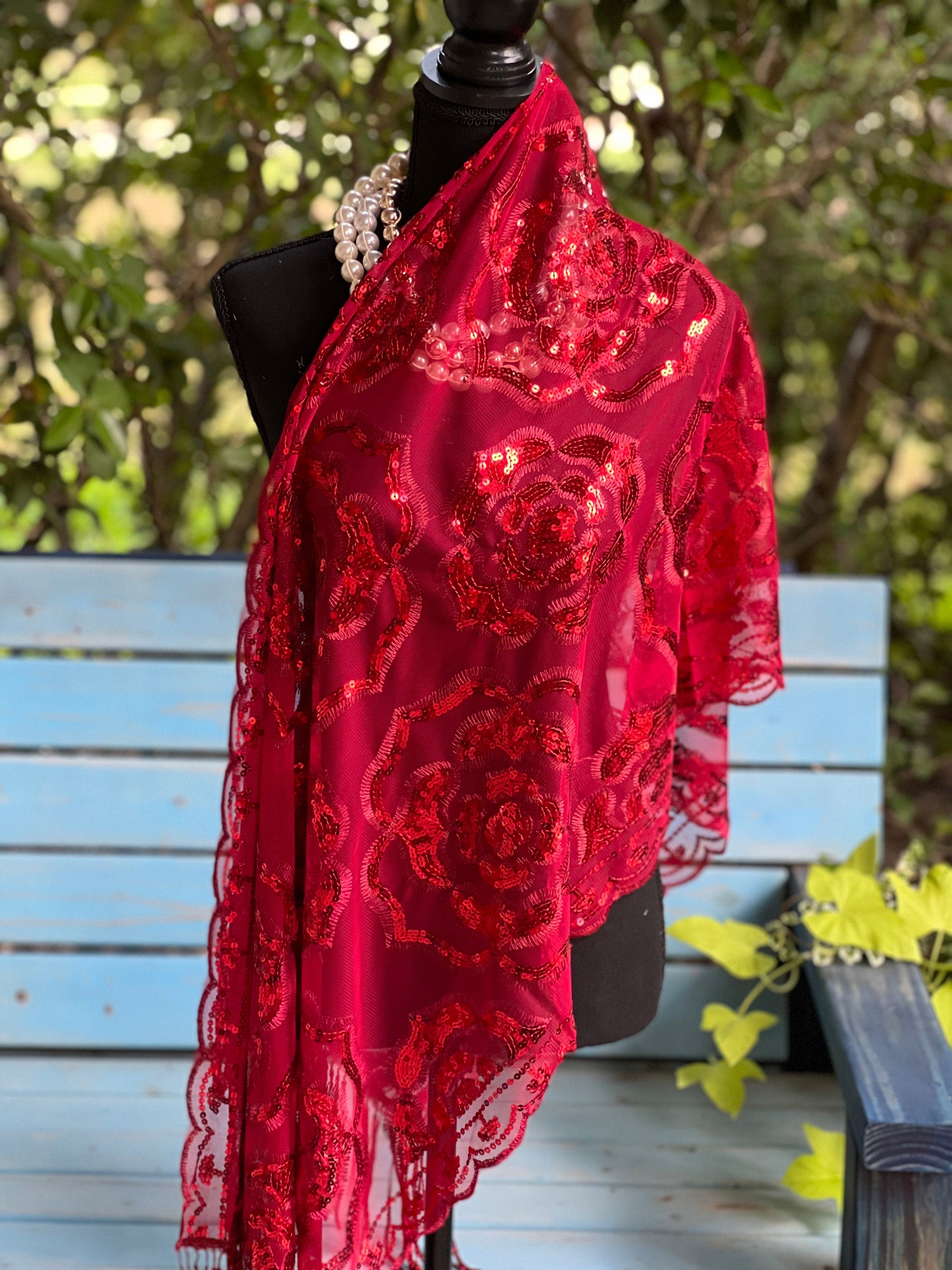 Charming Sparkle Burgundy Vintage Roses Sequin Mesh Scarf,  Mesh Sequin Wedding Cape Fringed Evening Shawl, Bling Elegant Wrap