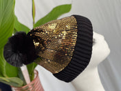 Gold Sequin Pom Pom Beanie Hat Winter Hat, Bling Sequin Beanie Hat, Slouchy style beanie. Bling Sequin skull cap. Sparkle Pom Pom Beanie Hat