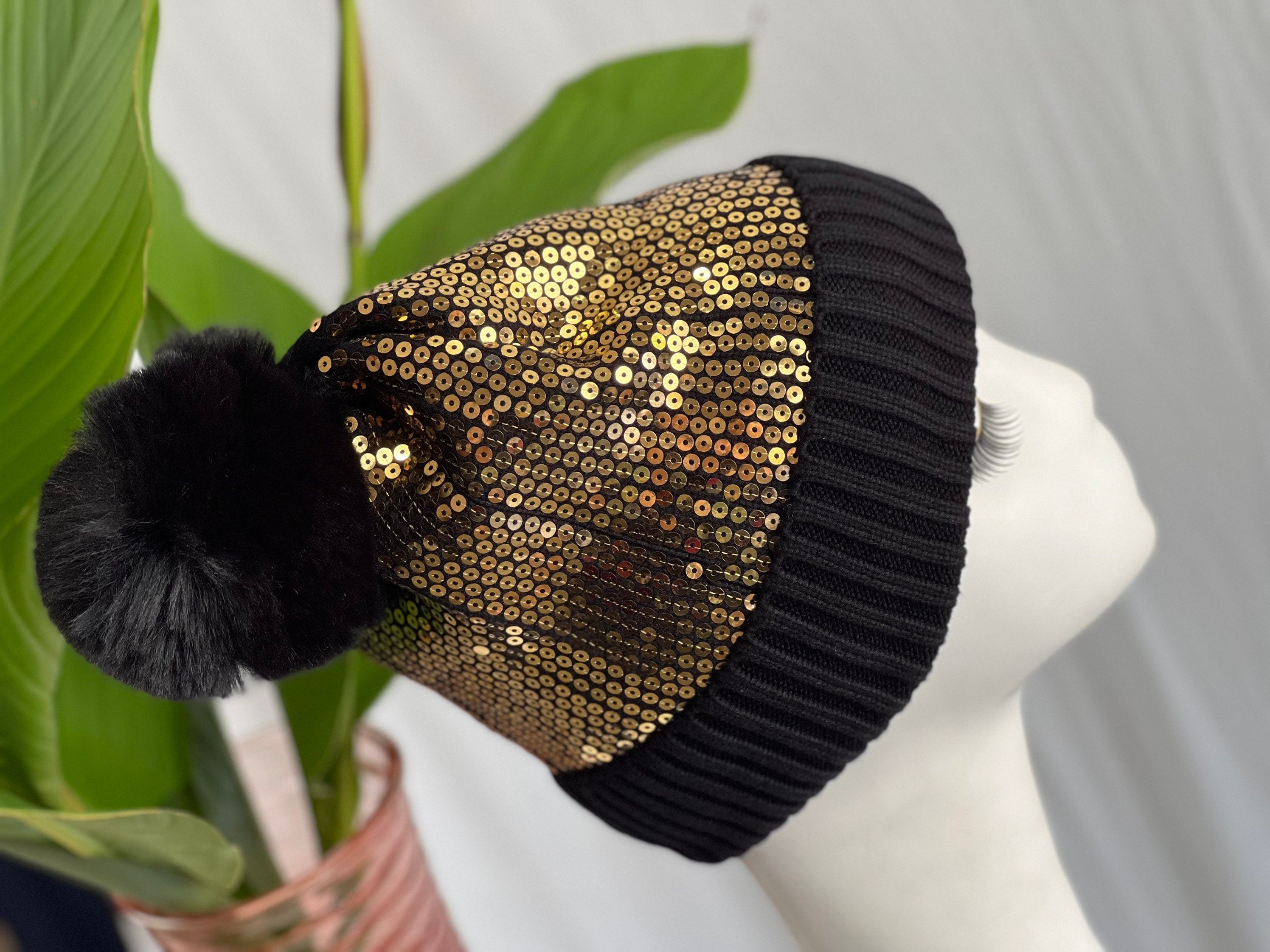 Gold Sequin Pom Pom Beanie Hat Winter Hat, Bling Sequin Beanie Hat, Slouchy style beanie. Bling Sequin skull cap. Sparkle Pom Pom Beanie Hat