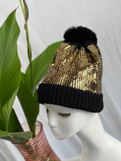 Gold Sequin Pom Pom Beanie Hat Winter Hat, Bling Sequin Beanie Hat, Slouchy style beanie. Bling Sequin skull cap. Sparkle Pom Pom Beanie Hat