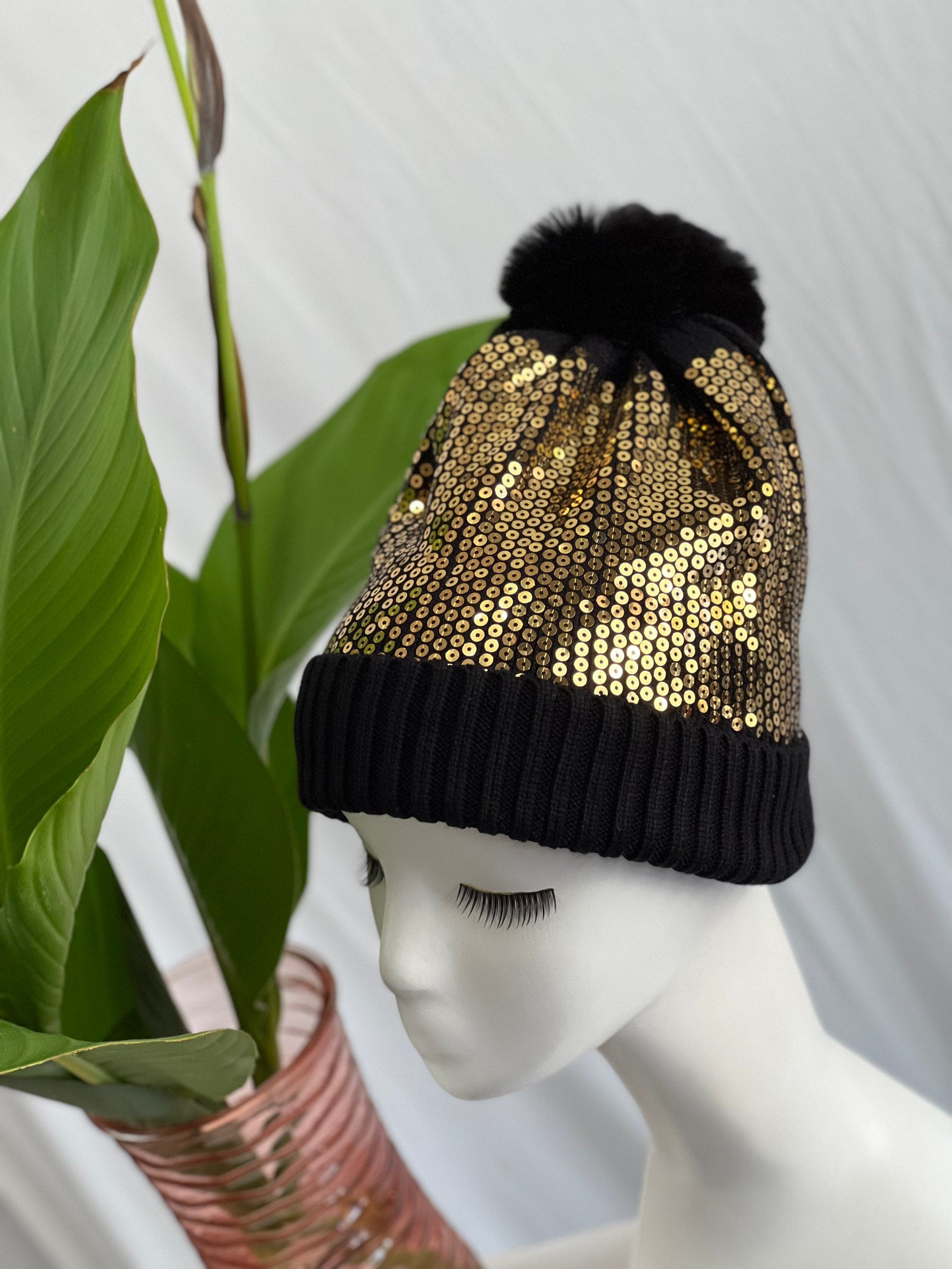 Gold Sequin Pom Pom Beanie Hat Winter Hat, Bling Sequin Beanie Hat, Slouchy style beanie. Bling Sequin skull cap. Sparkle Pom Pom Beanie Hat