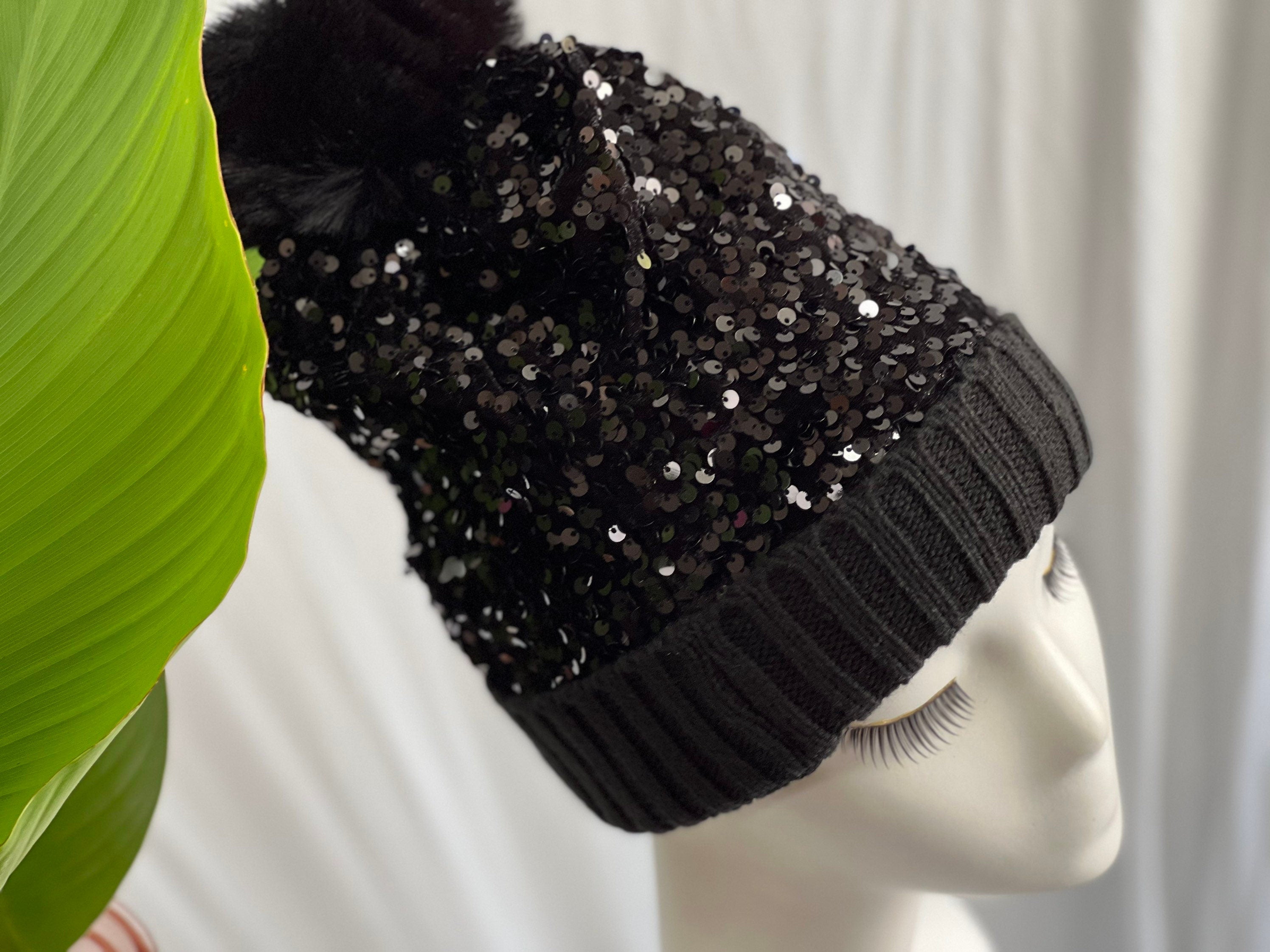 Black Sequin Pom Pom Beanie Hat Winter Hat, Bling Sequin Beanie Hat, Slouchy style beanie. Bling Sequin skull cap Sparkle Pom Pom Beanie Hat