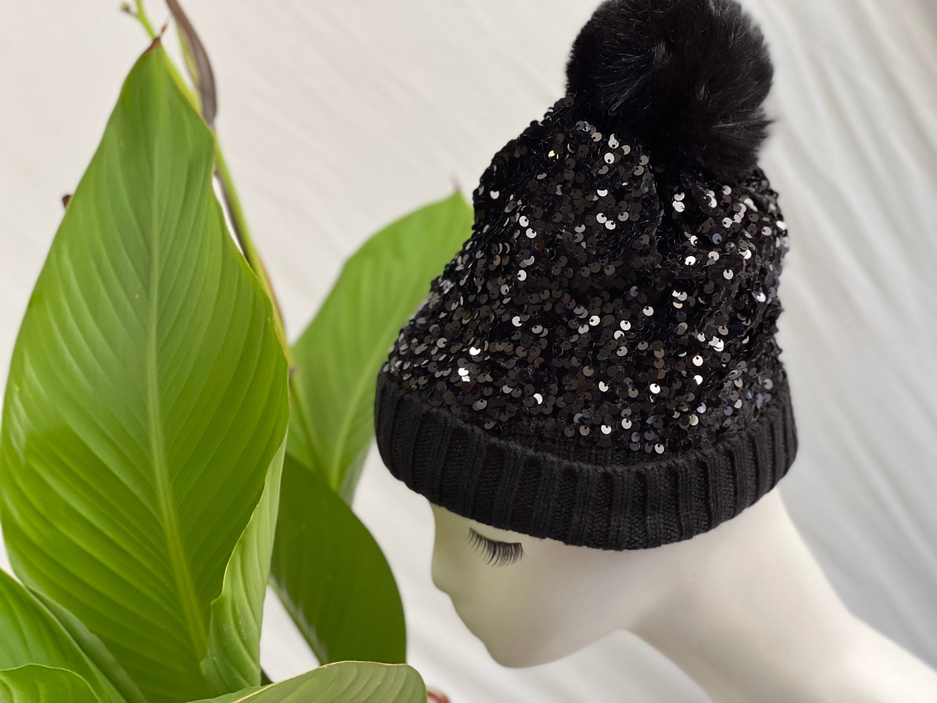 Black Sequin Pom Pom Beanie Hat Winter Hat, Bling Sequin Beanie Hat, Slouchy style beanie. Bling Sequin skull cap Sparkle Pom Pom Beanie Hat