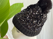 Black Sequin Pom Pom Beanie Hat Winter Hat, Bling Sequin Beanie Hat, Slouchy style beanie. Bling Sequin skull cap Sparkle Pom Pom Beanie Hat