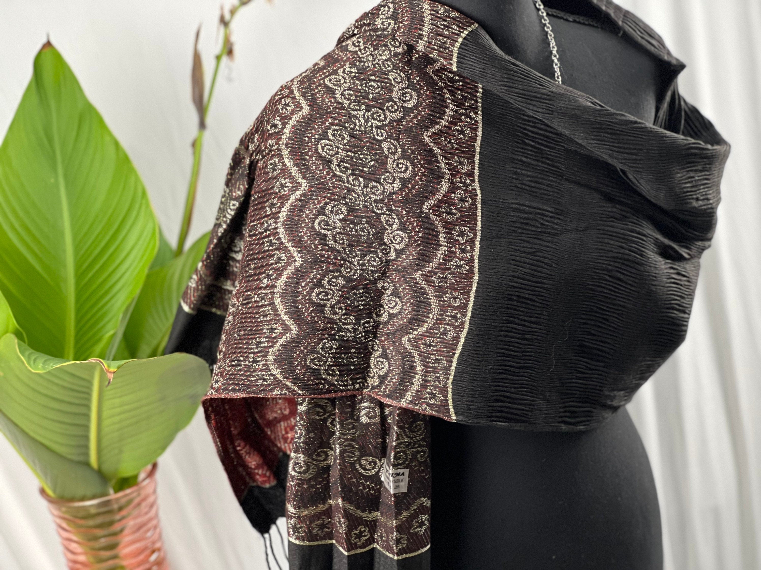 Brocade Embroidery Beautiful Black Long Bohemian Paisley Silk Blend Pashmina Cozy Shawl Pleated .  Silk Shawl Evening Scarf Shawl Wrap