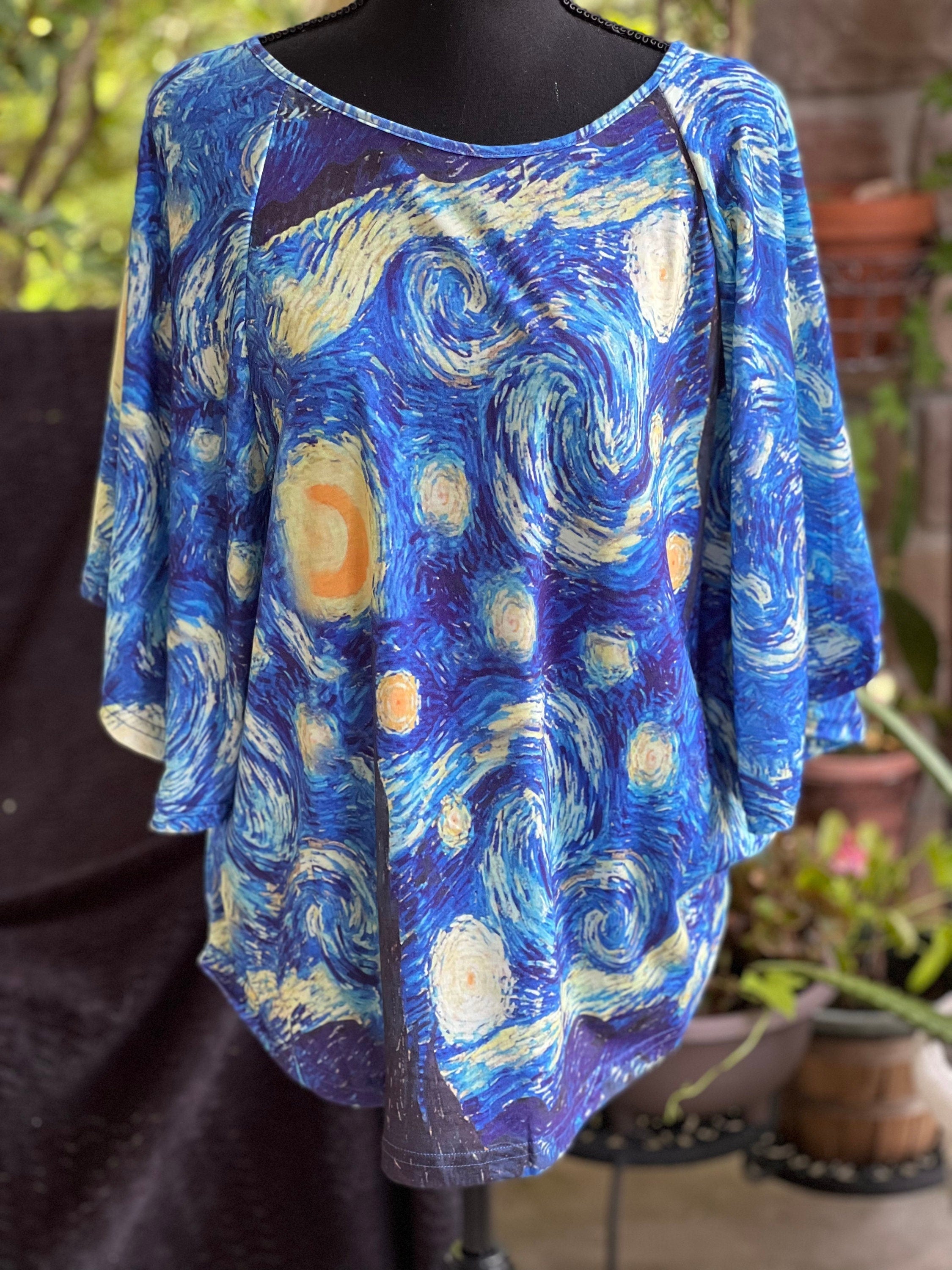 Starry Night by Van Gogh Loose Fit Batwing Top: Artistic Elegance with Iconic Masterpiece Print, Effortlessly Stylish and Comfortable Design