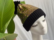 Gold Sequin Pom Pom Beanie Hat Winter Hat, Bling Sequin Beanie Hat, Slouchy style beanie. Bling Sequin skull cap. Sparkle Pom Pom Beanie Hat