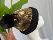 Gold Sequin Pom Pom Beanie Hat Winter Hat, Bling Sequin Beanie Hat, Slouchy style beanie. Bling Sequin skull cap. Sparkle Pom Pom Beanie Hat