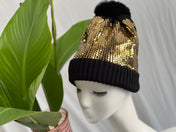 Gold Sequin Pom Pom Beanie Hat Winter Hat, Bling Sequin Beanie Hat, Slouchy style beanie. Bling Sequin skull cap. Sparkle Pom Pom Beanie Hat