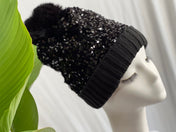 Black Sequin Pom Pom Beanie Hat Winter Hat, Bling Sequin Beanie Hat, Slouchy style beanie. Bling Sequin skull cap Sparkle Pom Pom Beanie Hat