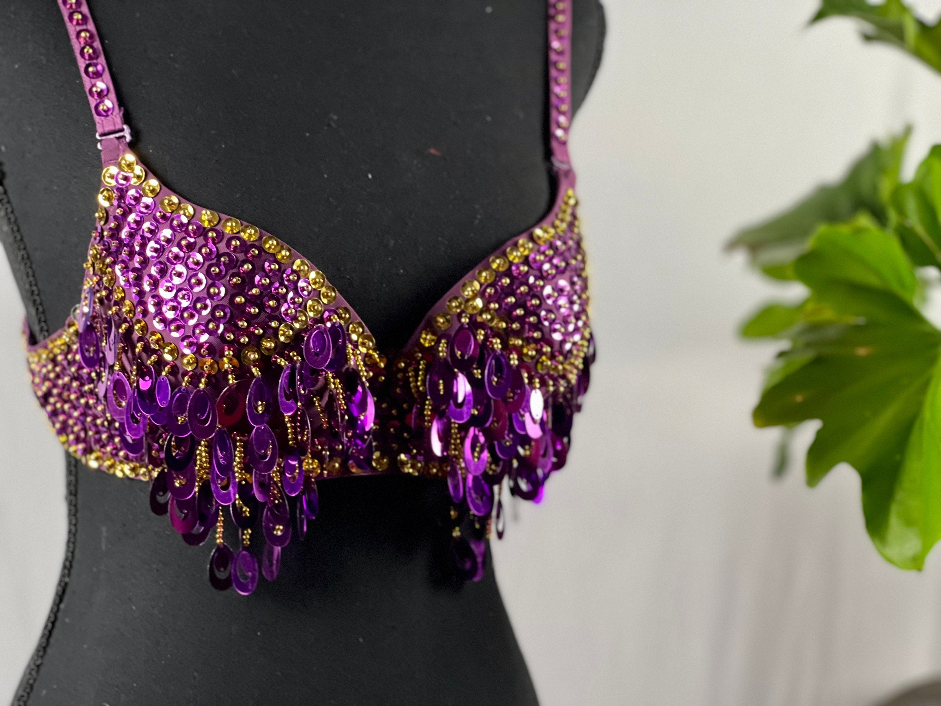 Charming PURPLE Gold Tribal Zari Bra Belly Dance Samba Bra Custom Carnival Bra Tassel Pendant Sequin Long Fringe. Many colors available