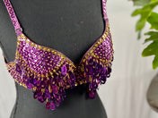 Charming PURPLE Gold Tribal Zari Bra Belly Dance Samba Bra Custom Carnival Bra Tassel Pendant Sequin Long Fringe. Many colors available