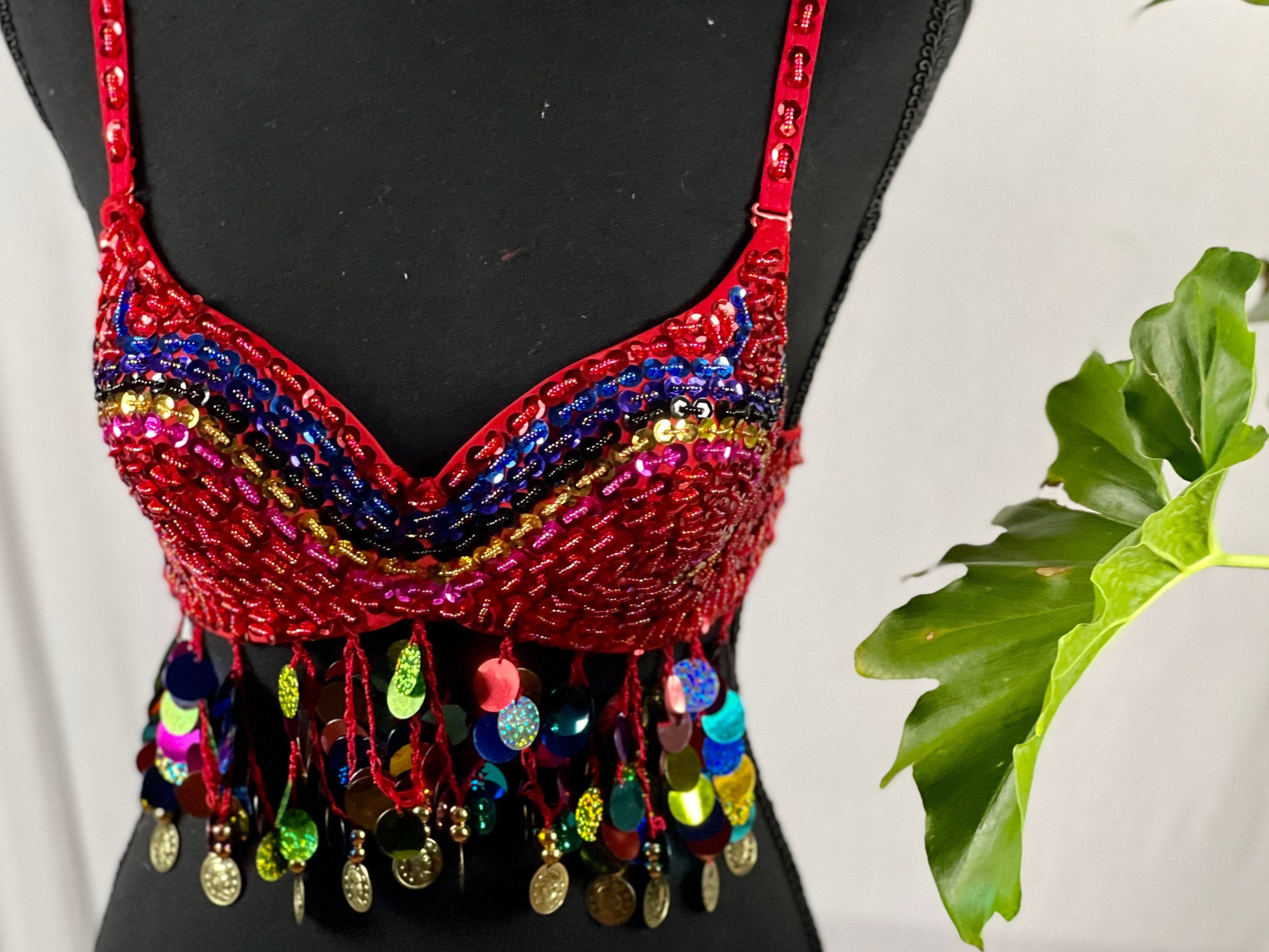 Charming Colorful RED Tribal Zari Bra Long Pendant Fringe Belly Dance Samba Bra Custom Carnival Bra Tassel Pendant Sequin Long Fringe