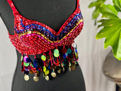 Charming Colorful RED Tribal Zari Bra Long Pendant Fringe Belly Dance Samba Bra Custom Carnival Bra Tassel Pendant Sequin Long Fringe