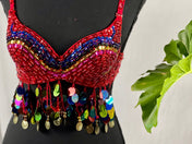 Charming Colorful RED Tribal Zari Bra Long Pendant Fringe Belly Dance Samba Bra Custom Carnival Bra Tassel Pendant Sequin Long Fringe