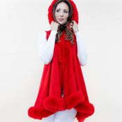 HOT RED Faux Fur Hooded Sleeves Winter Vintage Ruana Scarf Shawl Faux Fur Wedding Bridal Coat Evening party Soft feel faux fur