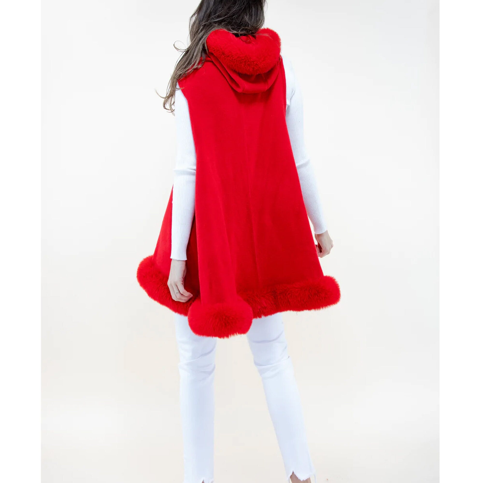 HOT RED Faux Fur Hooded Sleeves Winter Vintage Ruana Scarf Shawl Faux Fur Wedding Bridal Coat Evening party Soft feel faux fur