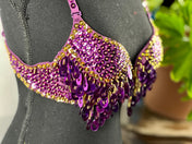 Charming PURPLE Gold Tribal Zari Bra Belly Dance Samba Bra Custom Carnival Bra Tassel Pendant Sequin Long Fringe. Many colors available