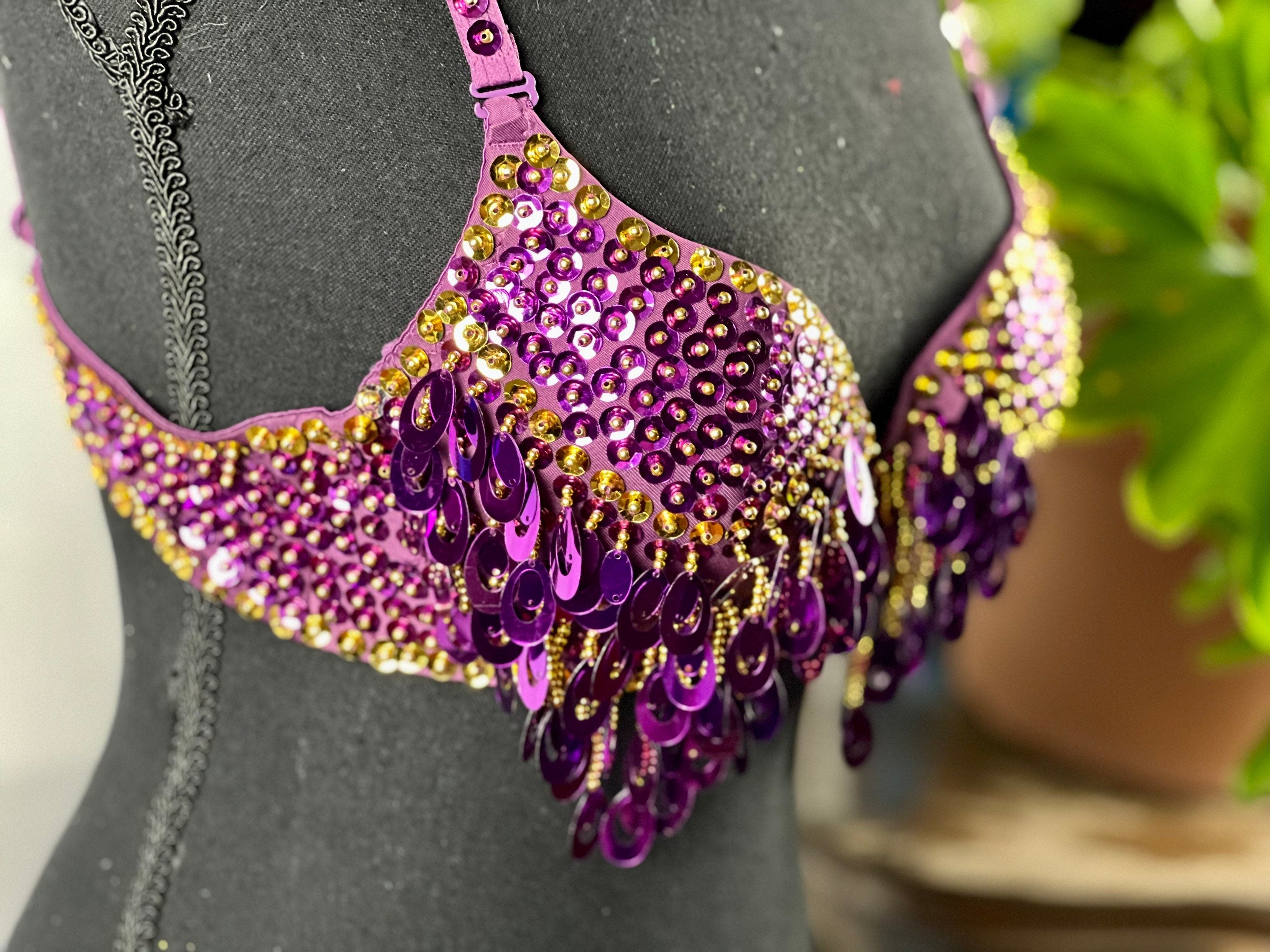 Charming PURPLE Gold Tribal Zari Bra Belly Dance Samba Bra Custom Carnival Bra Tassel Pendant Sequin Long Fringe. Many colors available