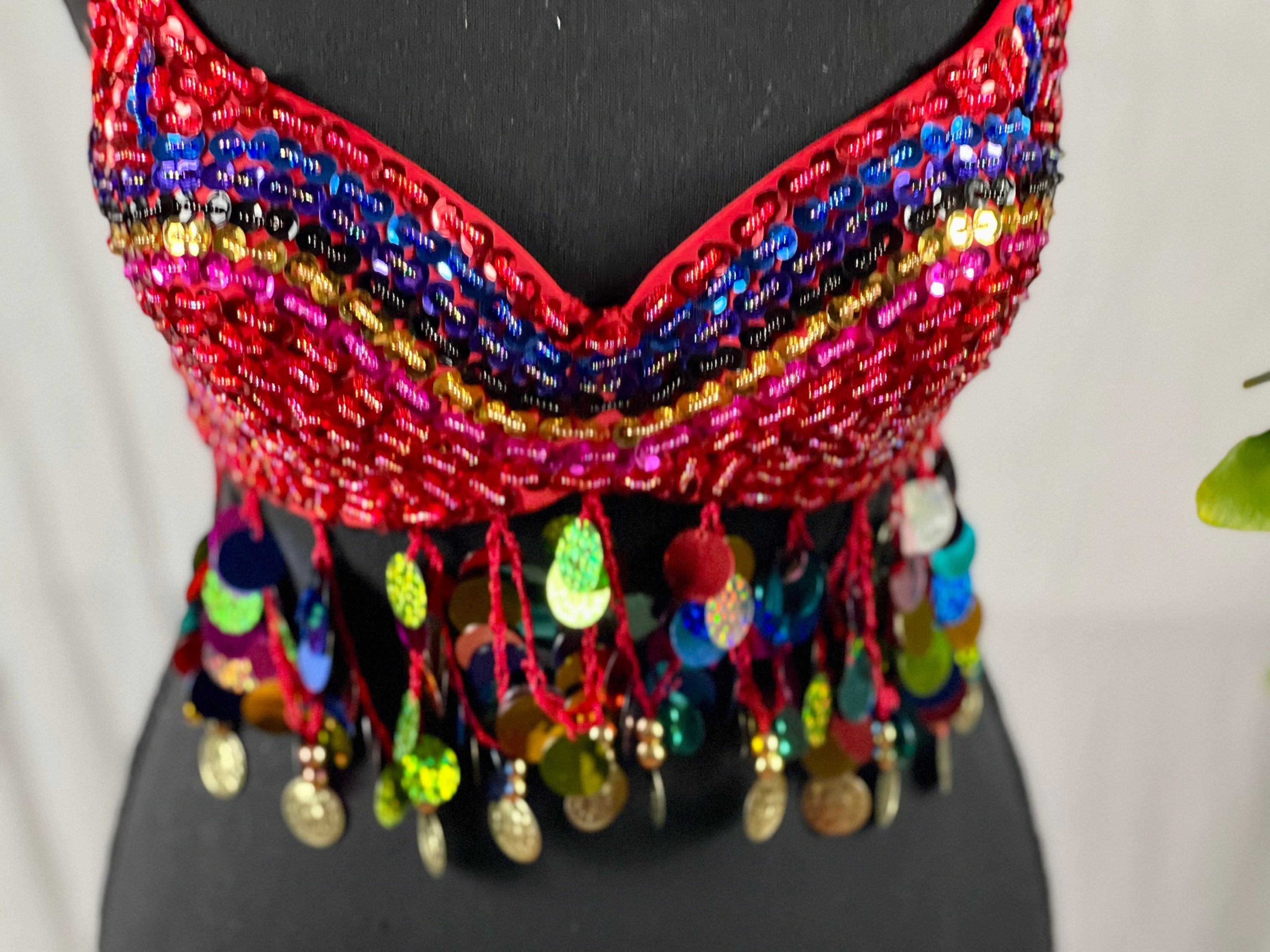 Charming Colorful RED Tribal Zari Bra Long Pendant Fringe Belly Dance Samba Bra Custom Carnival Bra Tassel Pendant Sequin Long Fringe