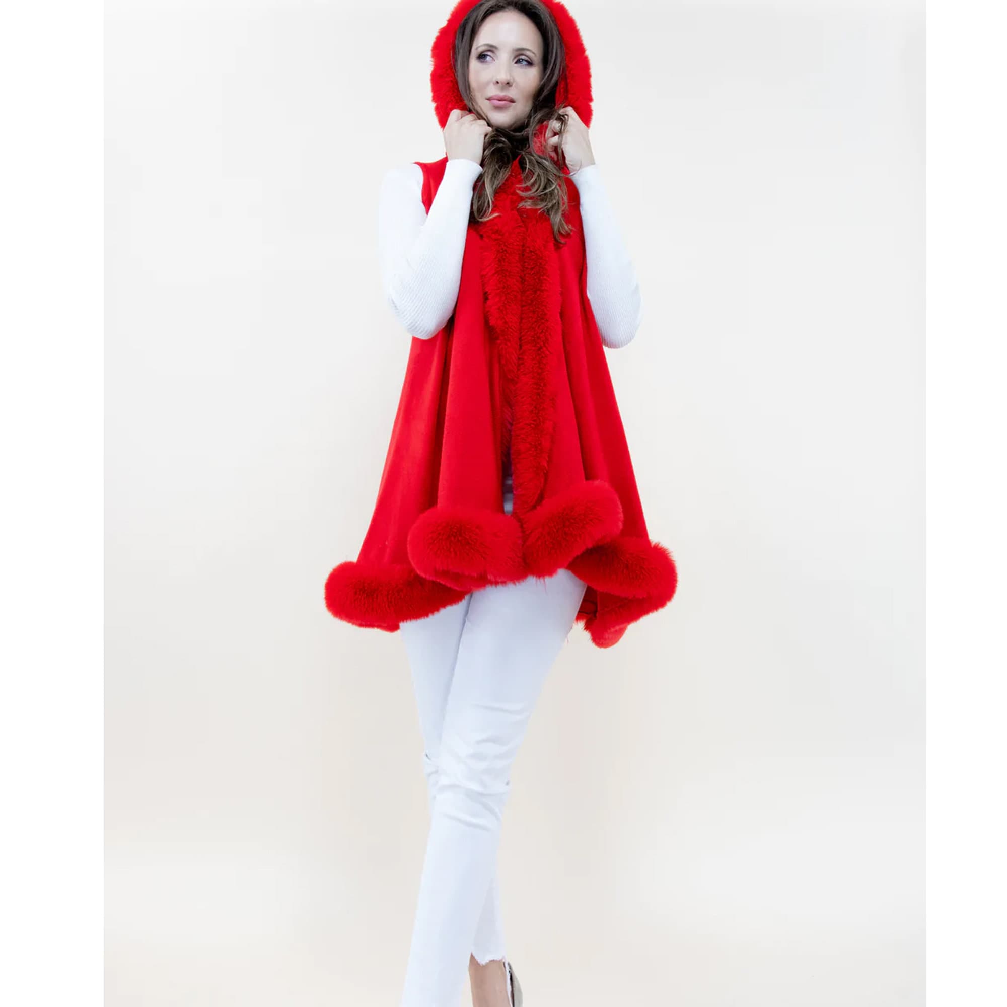 HOT RED Faux Fur Hooded Sleeves Winter Vintage Ruana Scarf Shawl Faux Fur Wedding Bridal Coat Evening party Soft feel faux fur