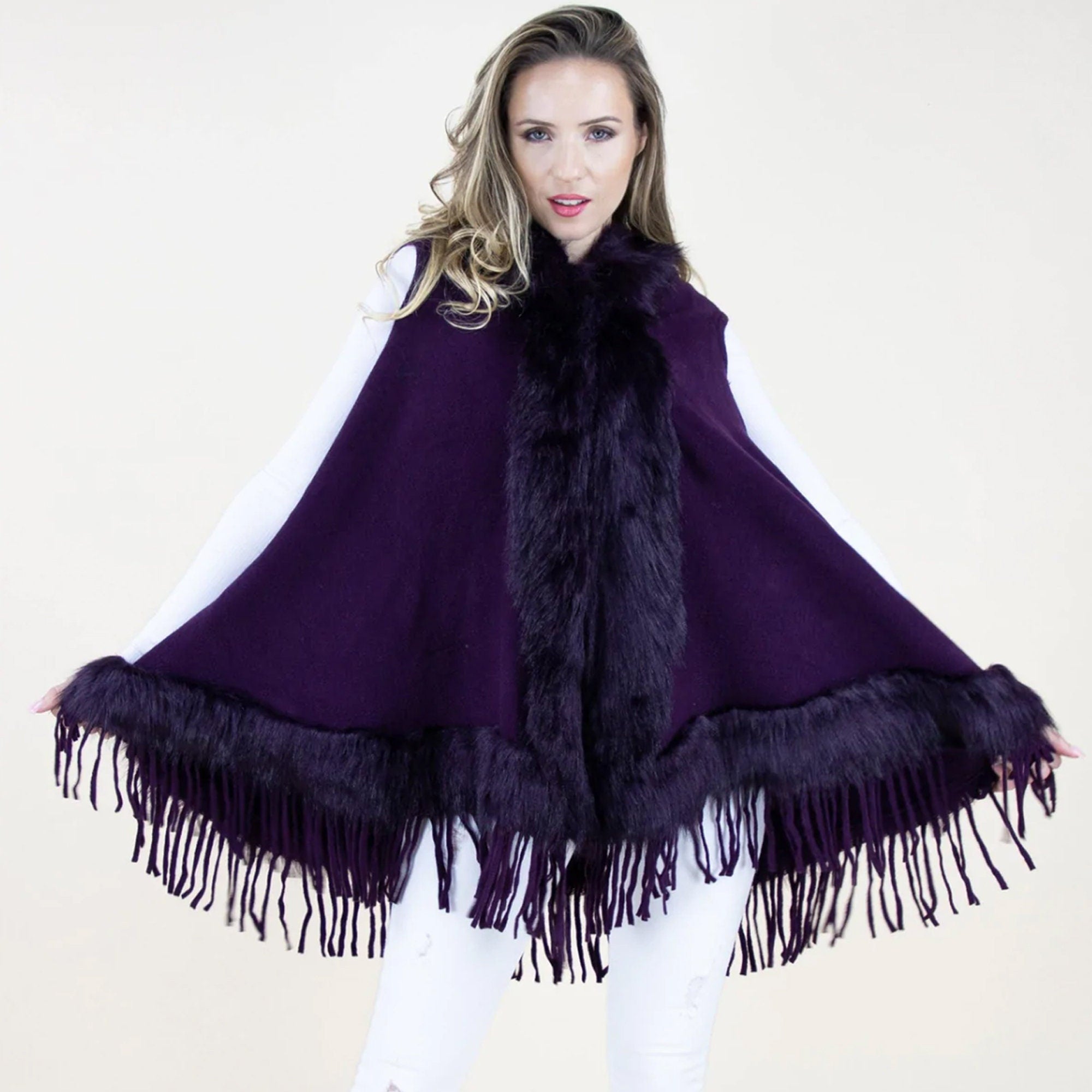 Stunning PURPLE Faux Fur Sleeveless Vest With Hood Adorable Fringe Detail Tassel Ending