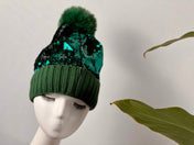 Green Sequin Pom Pom Beanie Hat Winter Hat Beanie Hat, Slouchy style beanie. Bling Sequin skull cap Sparkle Pom Pom Beanie Hat