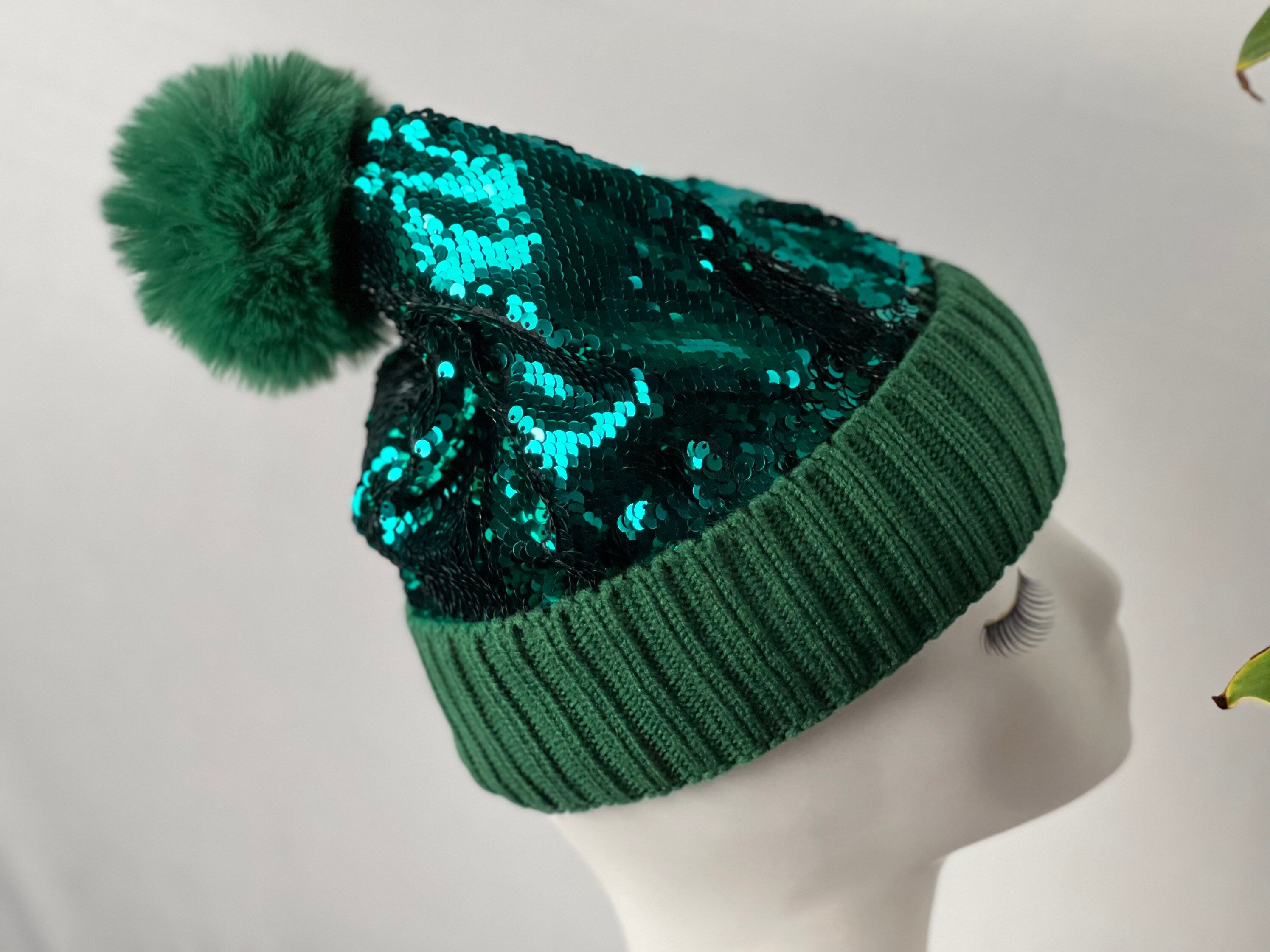 Green Sequin Pom Pom Beanie Hat Winter Hat Beanie Hat, Slouchy style beanie. Bling Sequin skull cap Sparkle Pom Pom Beanie Hat