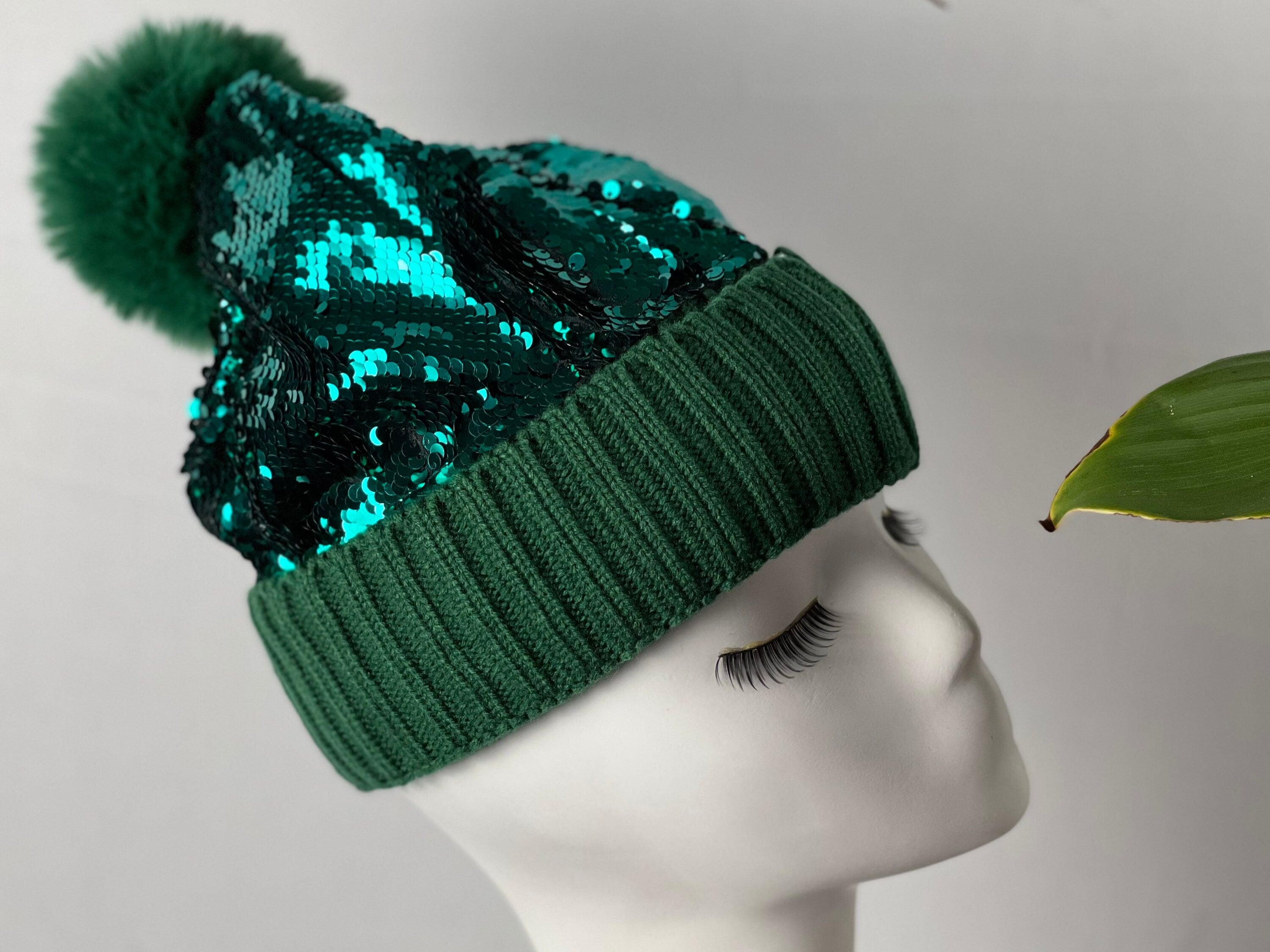 Green Sequin Pom Pom Beanie Hat Winter Hat Beanie Hat, Slouchy style beanie. Bling Sequin skull cap Sparkle Pom Pom Beanie Hat