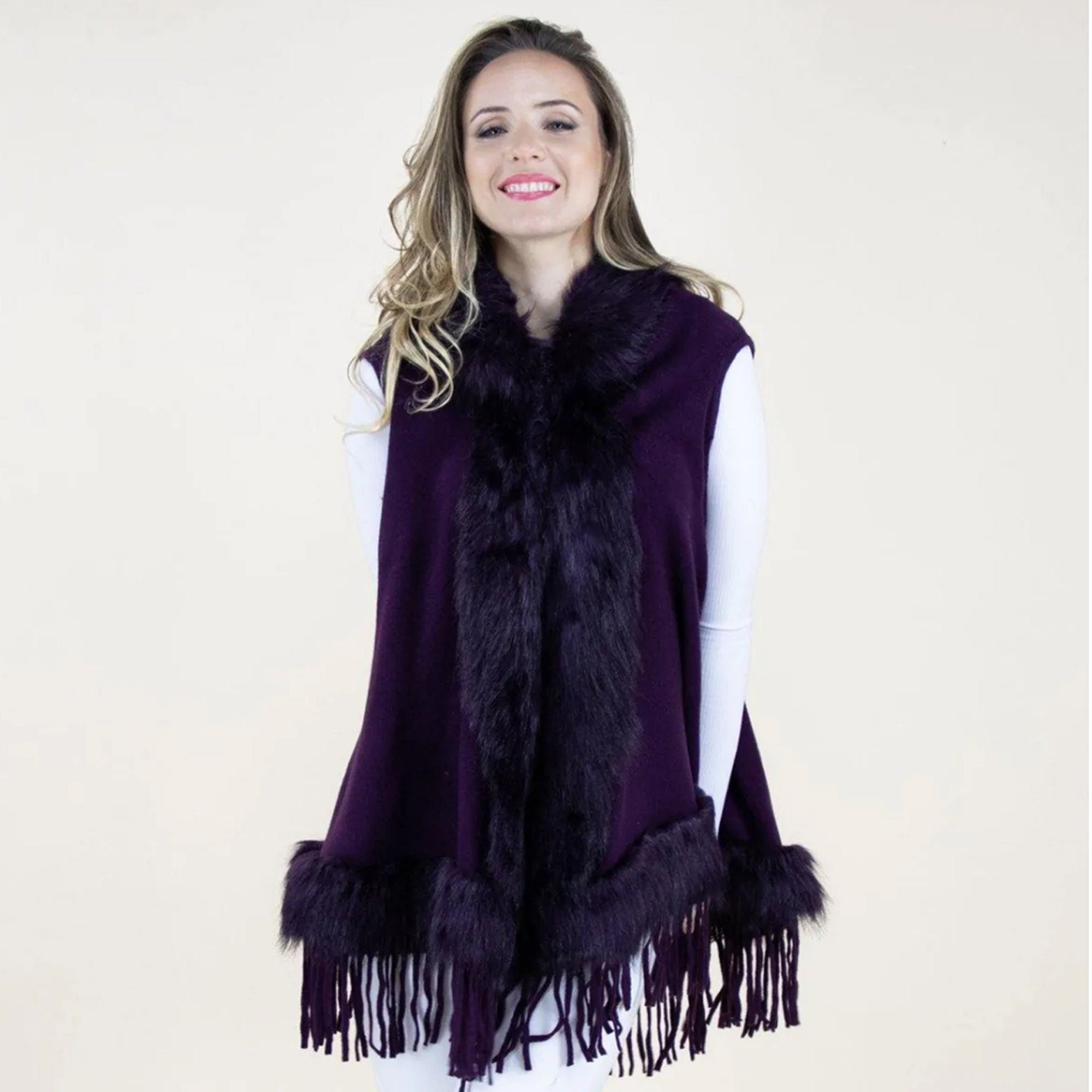 Stunning PURPLE Faux Fur Sleeveless Vest With Hood Adorable Fringe Detail Tassel Ending