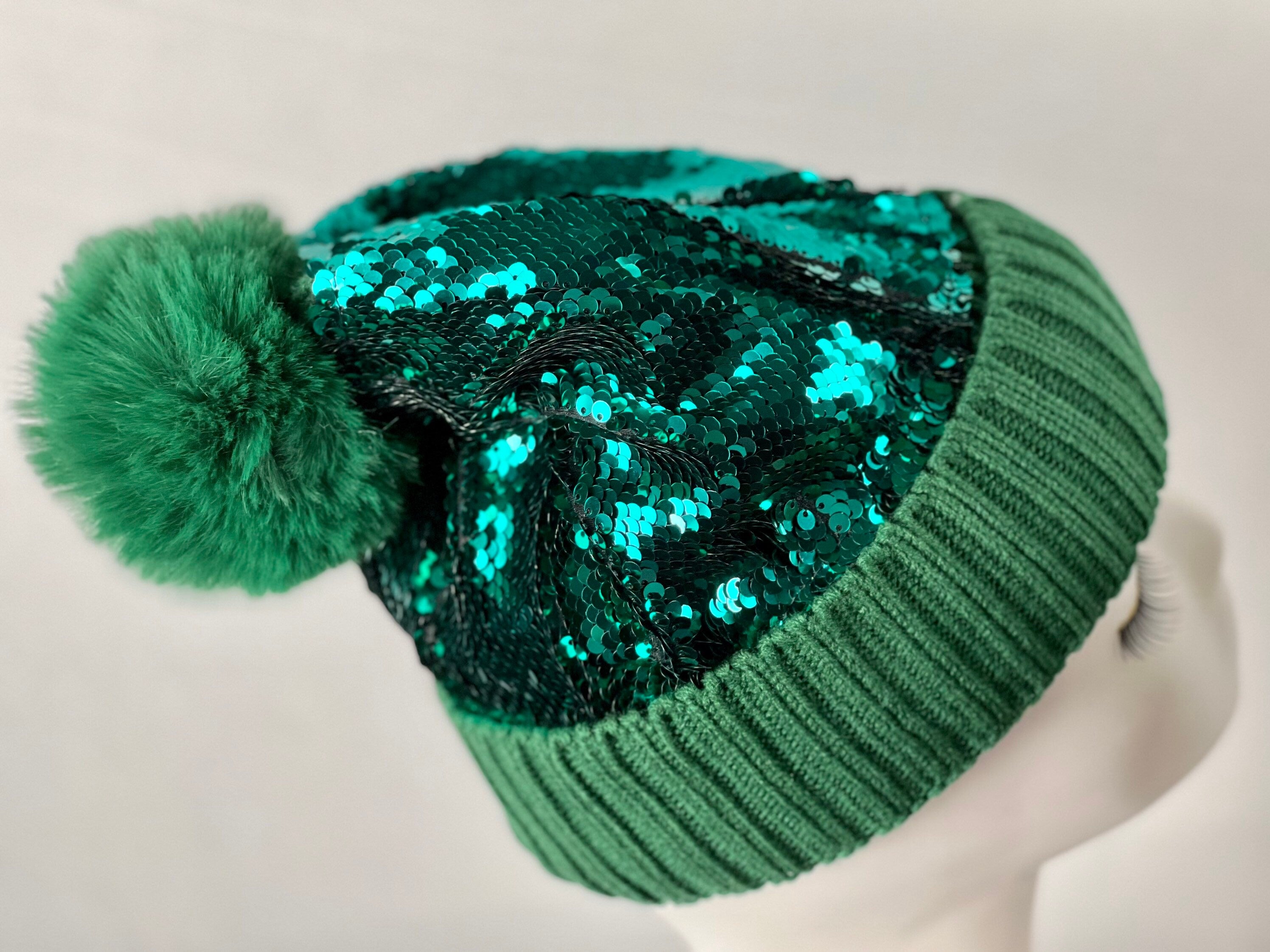 Green Sequin Pom Pom Beanie Hat Winter Hat Beanie Hat, Slouchy style beanie. Bling Sequin skull cap Sparkle Pom Pom Beanie Hat