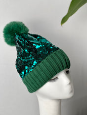 Green Sequin Pom Pom Beanie Hat Winter Hat Beanie Hat, Slouchy style beanie. Bling Sequin skull cap Sparkle Pom Pom Beanie Hat