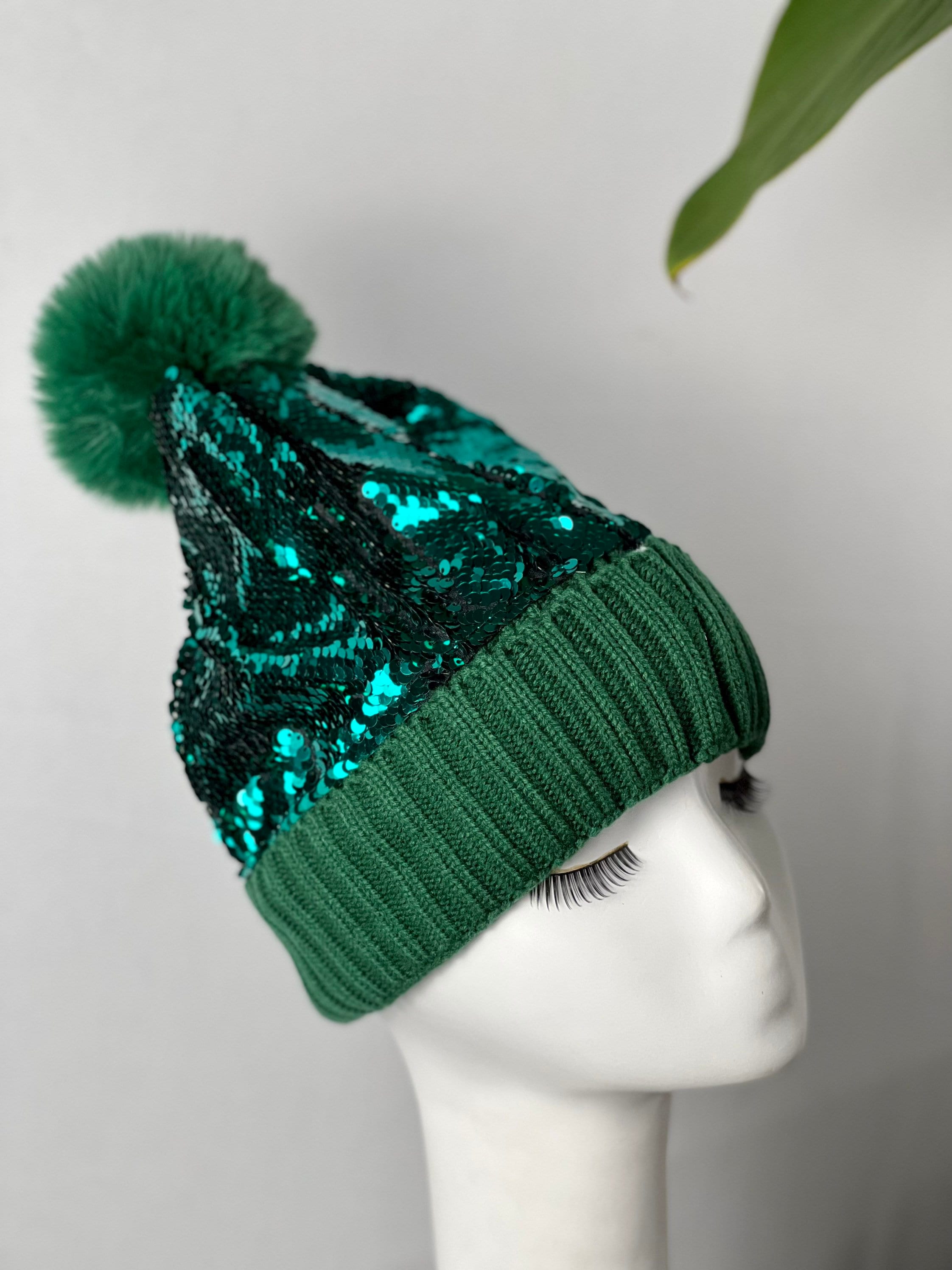 Green Sequin Pom Pom Beanie Hat Winter Hat Beanie Hat, Slouchy style beanie. Bling Sequin skull cap Sparkle Pom Pom Beanie Hat