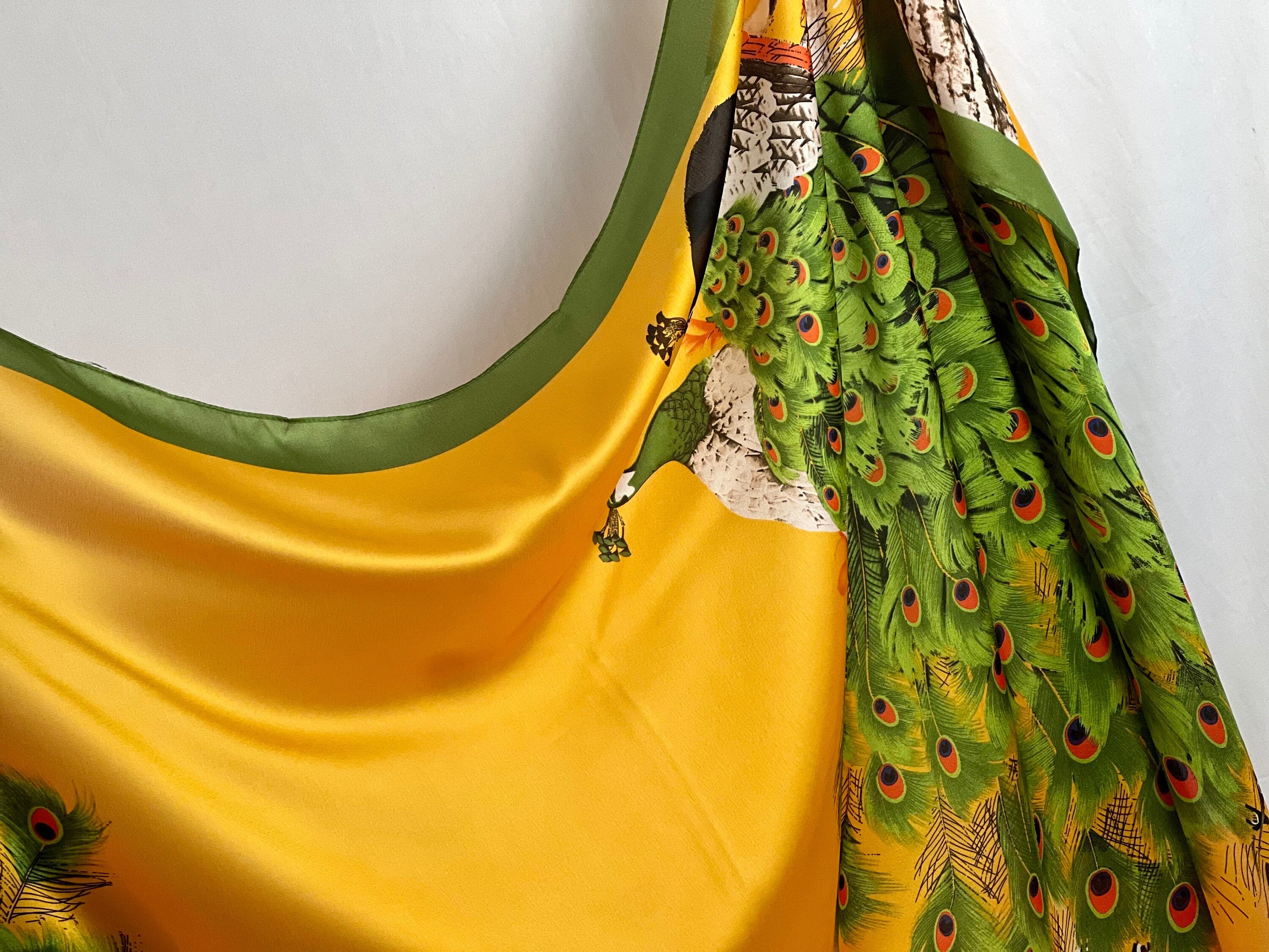 Satin Silk Scarf Elegant Peacock Feather Pattern Yellow and Green Silky Satin Blanket Scarf Shawl