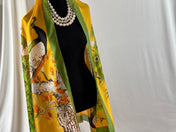 Satin Silk Scarf Elegant Peacock Feather Pattern Yellow and Green Silky Satin Blanket Scarf Shawl